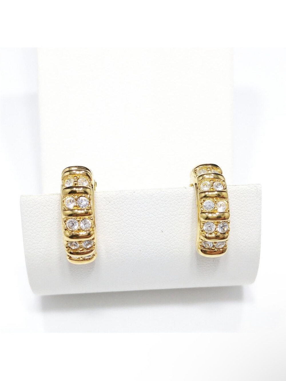 Swarovski Huggie Hoop Clip On Earrings Gold Tone Clear Crystal Signed